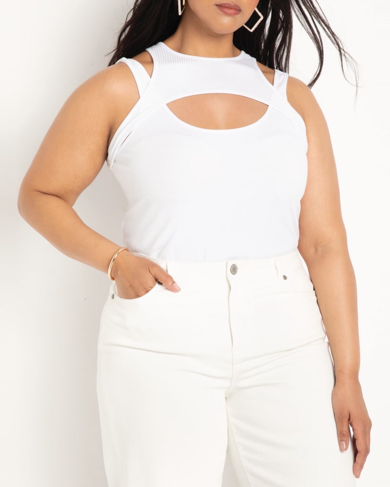 Front of a model wearing a size 14|16 Avery Overlay Detail Tank in White by ELOQUII. | dia_product_style_image_id:204060
